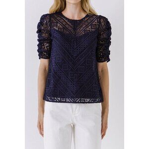 🌟NWT🌟Endless Rose Womens Medium Chevron Stripe Lace Top Shirt Blouse Navy New